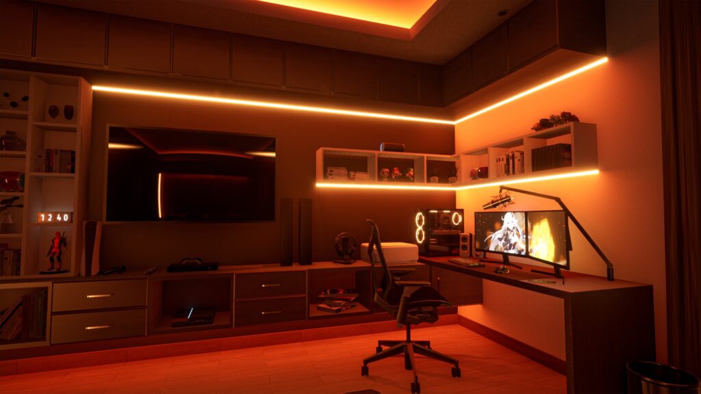 Picture showing an interior design of a room containing a gaming pc built after aligning all the parts bought from PC store.